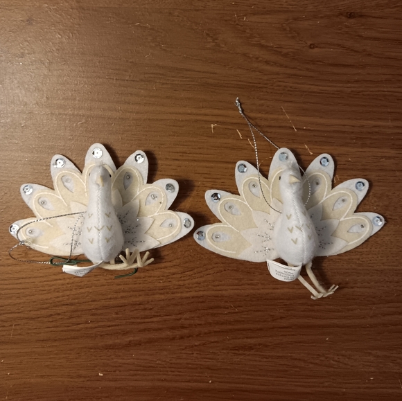 Target Wondershop White & Beige Peacock Felt Christmas Tree Ornaments Set of 2 - Picture 1 of 5